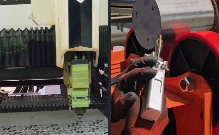 The fiber sheet laser over a stainless sheet, and welding a stainless steel cylinder on a positioner, in the OptiKutz shop