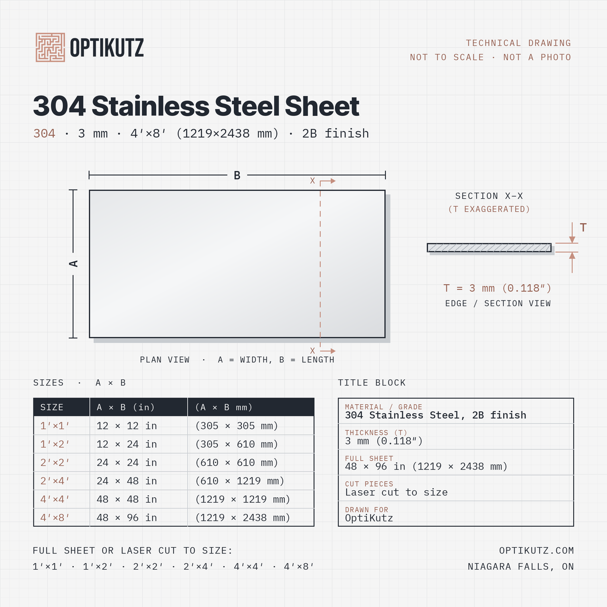 304 stainless steel sheet 3 mm 2B, technical drawing with A × B cut sizes