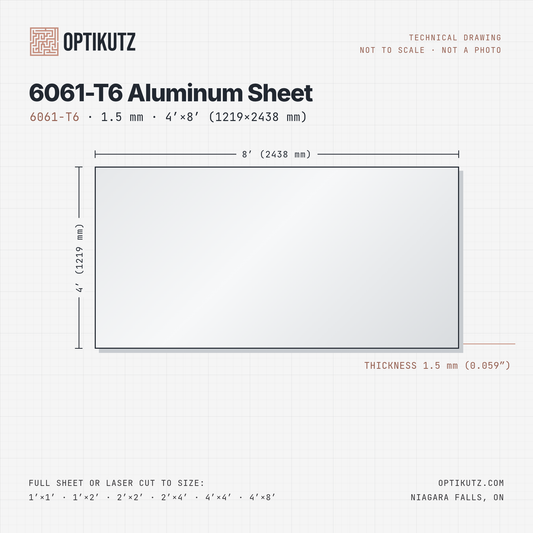 Technical drawing of a 6061-T6 aluminum sheet, 1.5 mm, full 4′×8′ (1219×2438 mm). Not a photo.