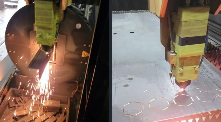 Tube laser cutting with sparks, and a fiber laser head cutting a steel sheet, in the OptiKutz shop