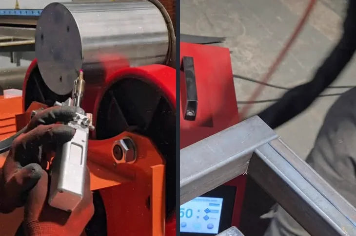 Welding a stainless steel cylinder on a welding positioner, and a steel tube frame beside a welding unit, in the OptiKutz shop